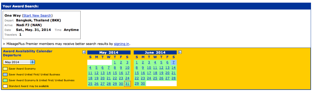 Availability Calendar for BKK-NAN using one-way search