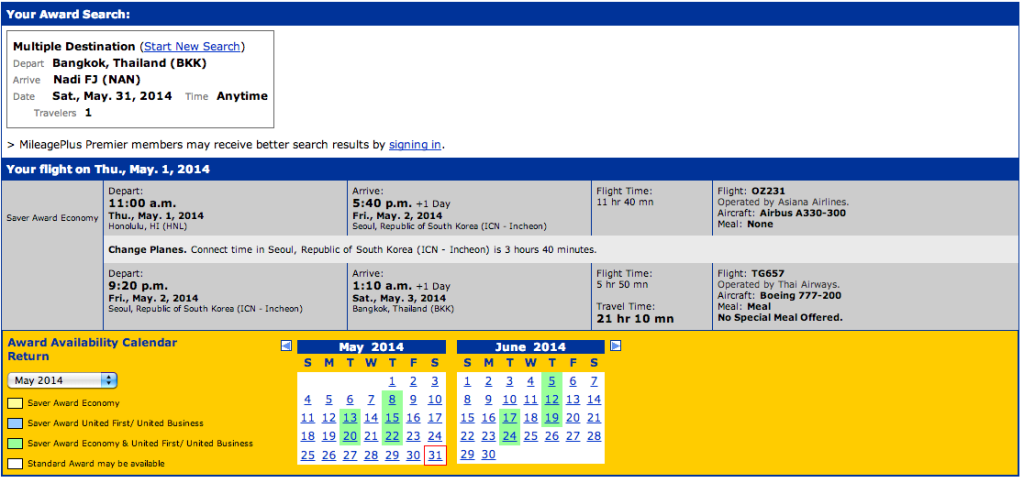 The Availability calendar for BKK-NAN using the multi-destination tool